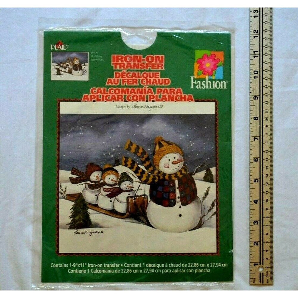 Laurie Korsgaden Iron on Transfer Sledding Snowman 2000 Plaid Designs 9 x 11